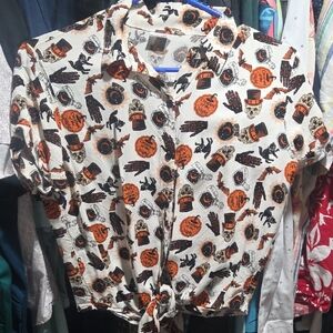 Spirit Halloween Button Down Shirt - Orange and Black - Medium - Tie Front